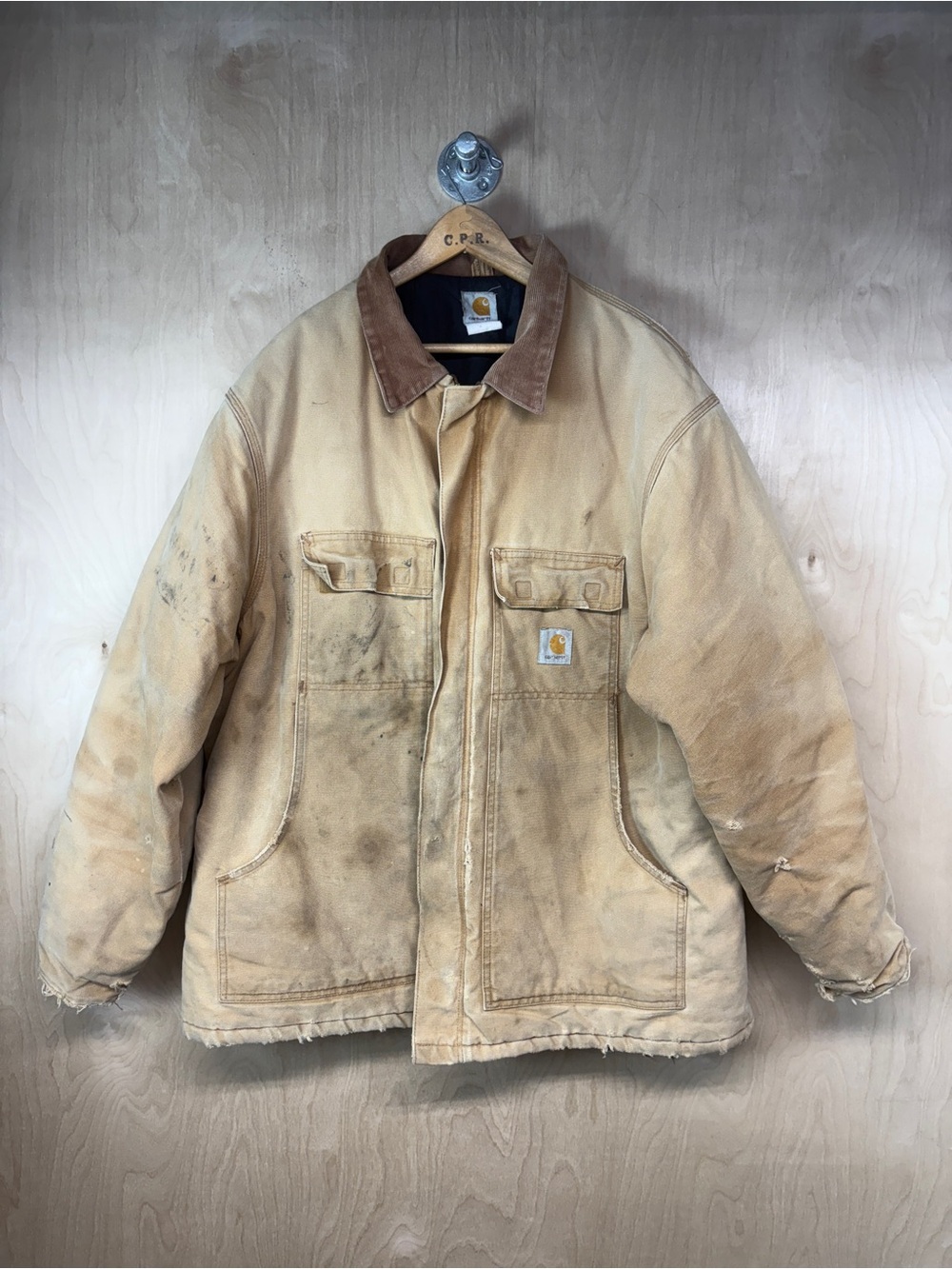 Carhartt Tan Canvas Work Jacket with Brown Corduroy Collar
